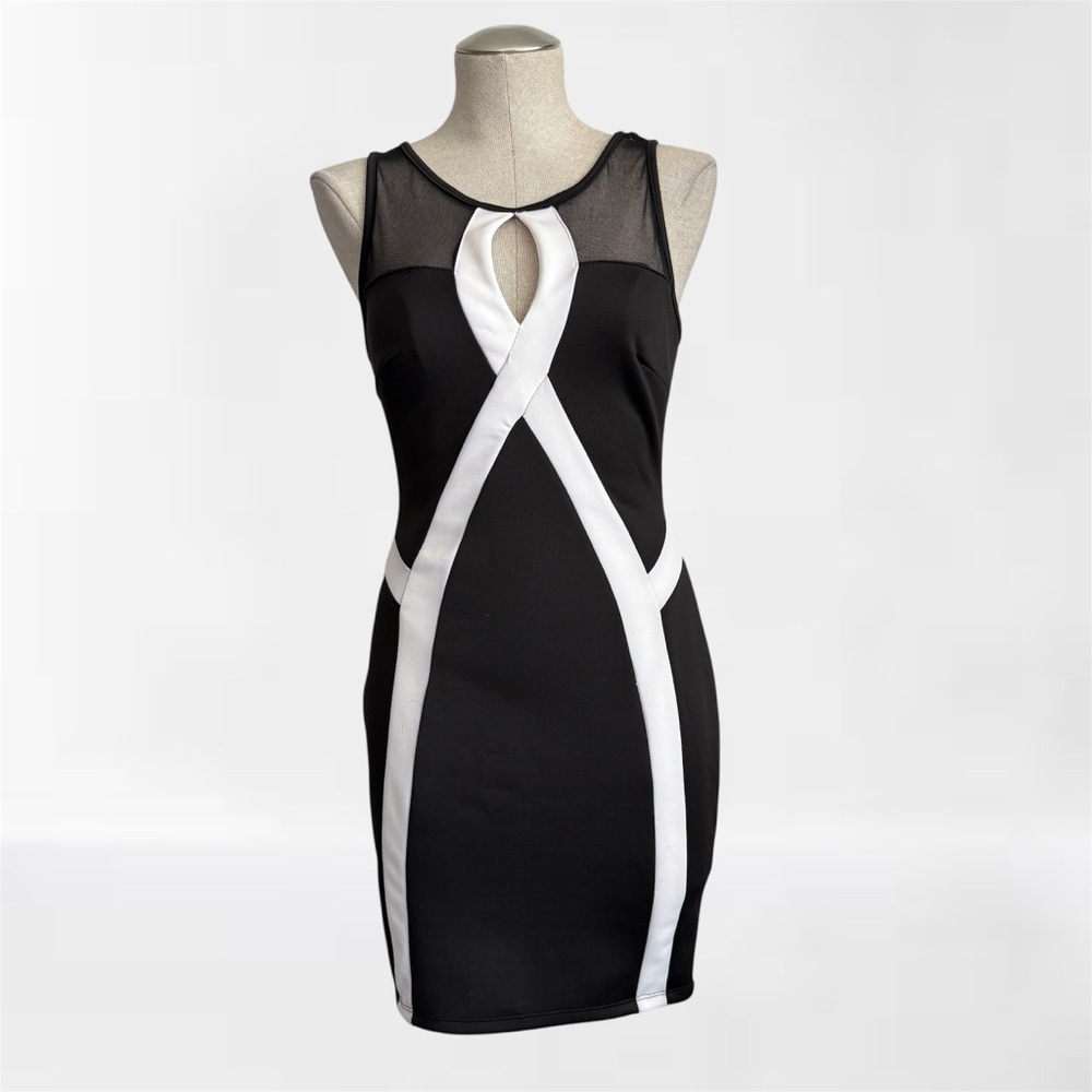Cameo Black & White Colorblock Bodycon Dress Mesh Detail Medium